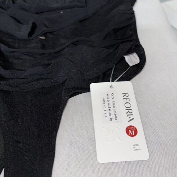 Womens Sexy Sheer Mesh Black Long-Sleeve Mock Turtleneck Bodysuit Reoria Medium - Picture 6 of 9